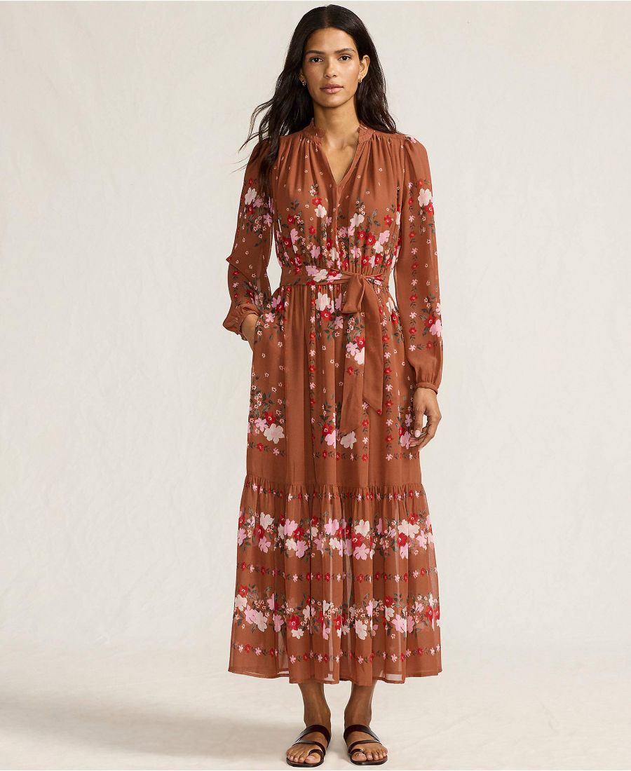 

Женское шифоновое многоярусное длинное платье с рукавами Lands' End, Rich ginger floral stripe