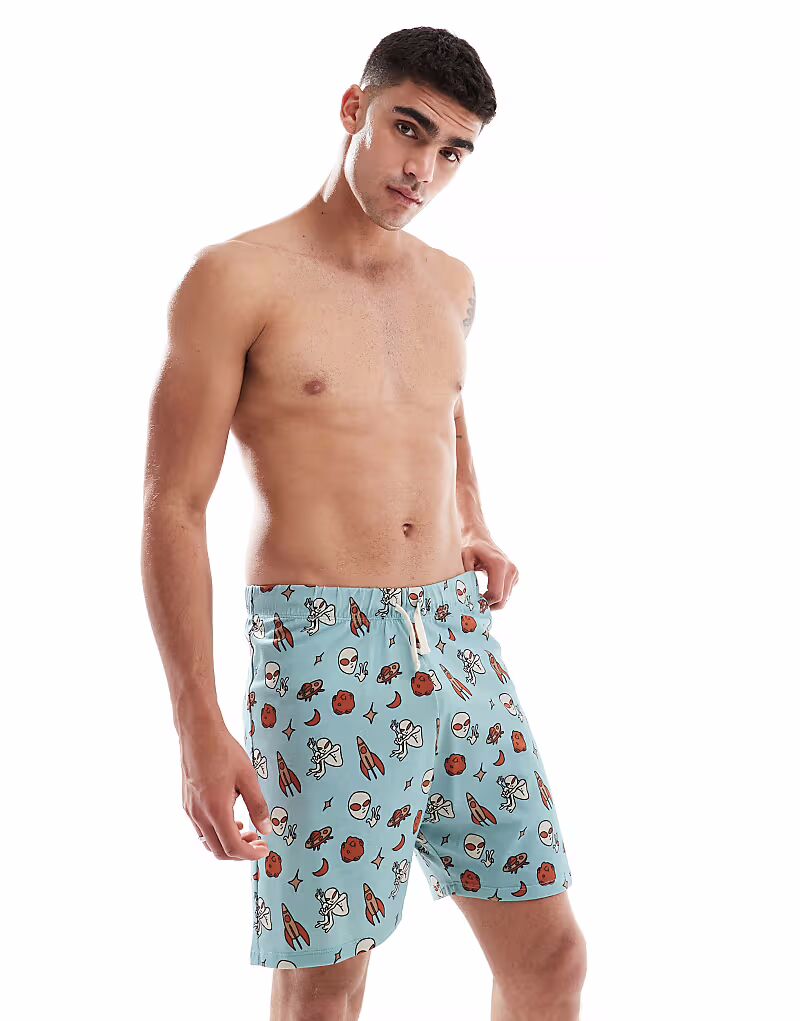 

Шорты для дома с завязками и принтом инопланетянина синего цвета Asos Design