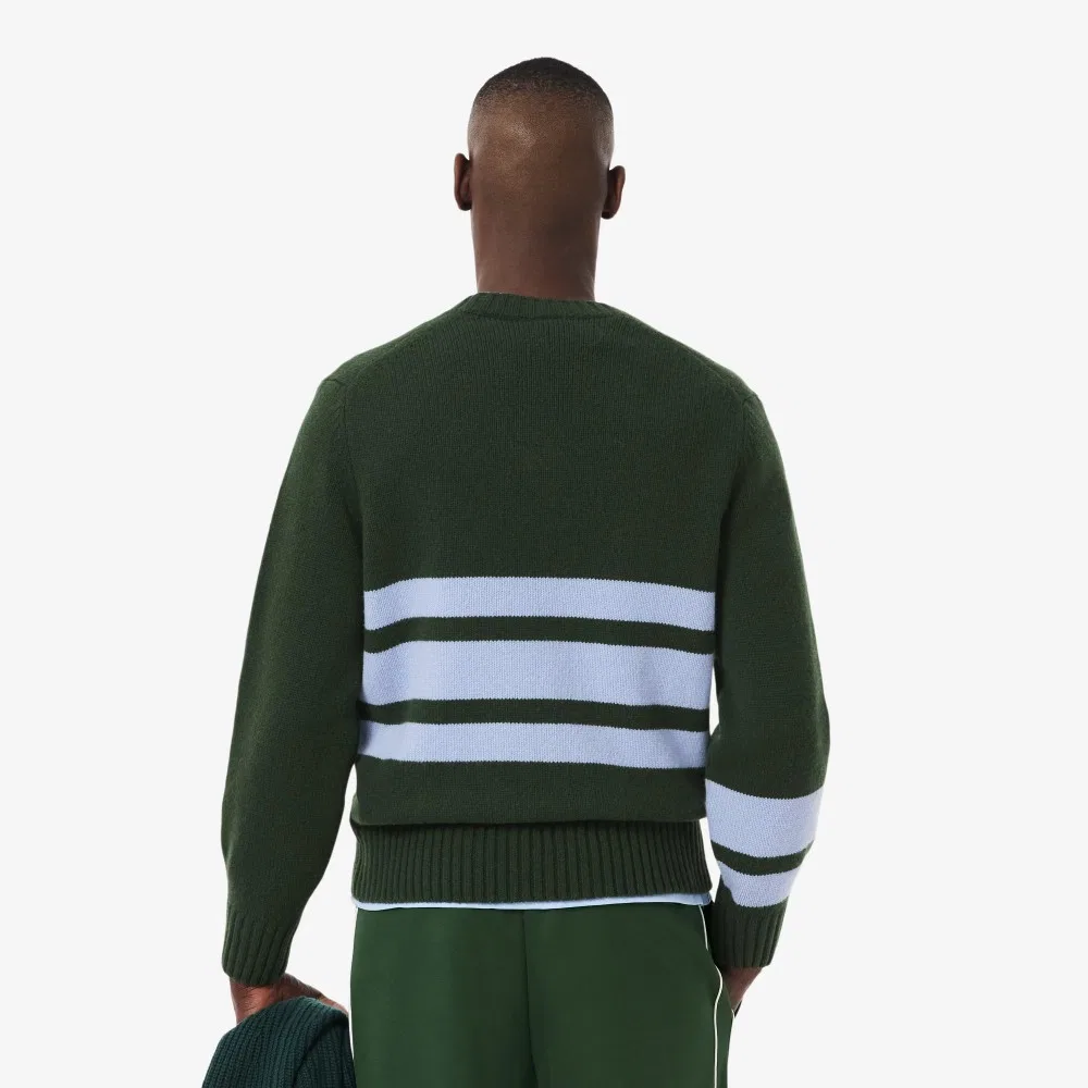 Мужской полосатый свитер с V-образным вырезом зелёный от Lacoste — фото 3