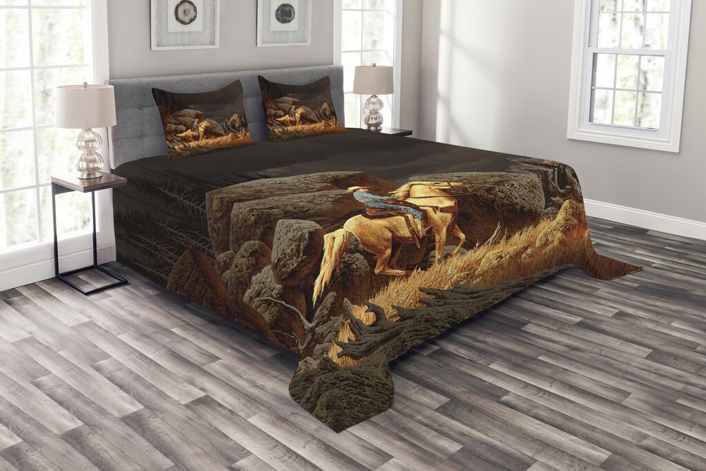 

Комплект покрывала ABAKUHAUS Western, Ковбойская верховая лошадь, комплект с моющимися наволочками, для односпальных кроватей 264 x 220 см, желтый и серый