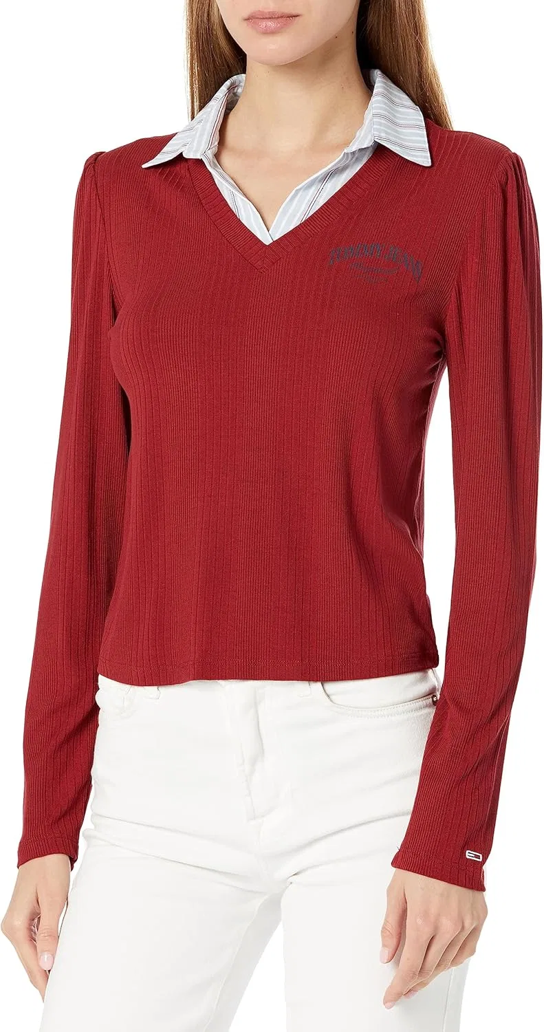 Блуза с V-образным вырезом, Ribbed V-neck shirt top, Tommy Hilfiger, цвет вяленых томатов