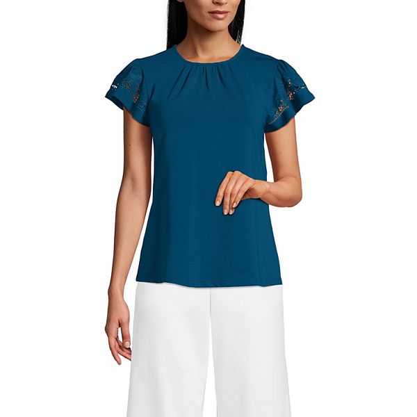 

Женский легкий топ с круглым вырезом и рукавами-рюшами Lands' End, Baltic Teal