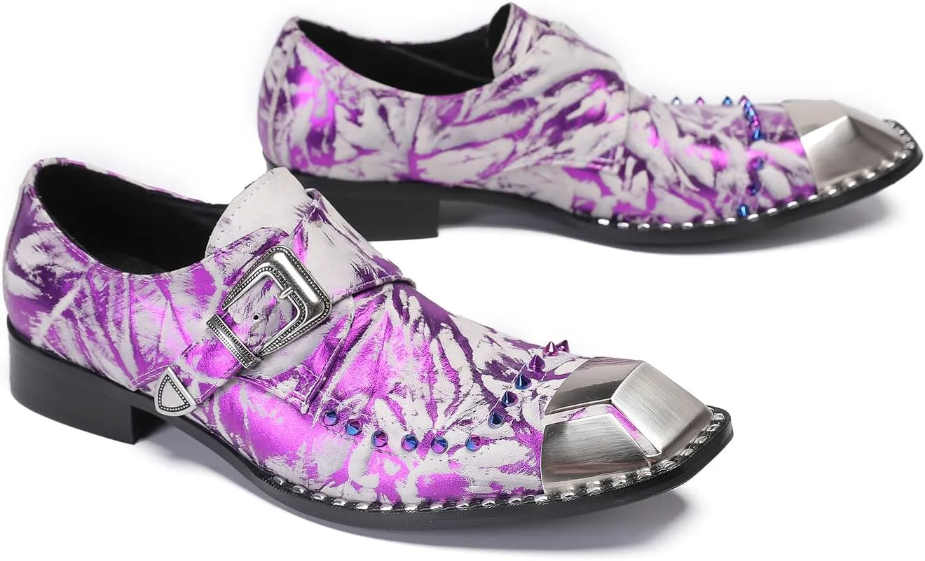 Мужские лоферы Santimon Mens Loafers для вечеринки, повседневные слипоны, кожаные лоферы с металлической квадратной пряжкой, обувь для свадьбы, вечеринки в западном стиле, модные туфли на выпускной с яркими бусинами для мужчин, фиолетовый — фото 4