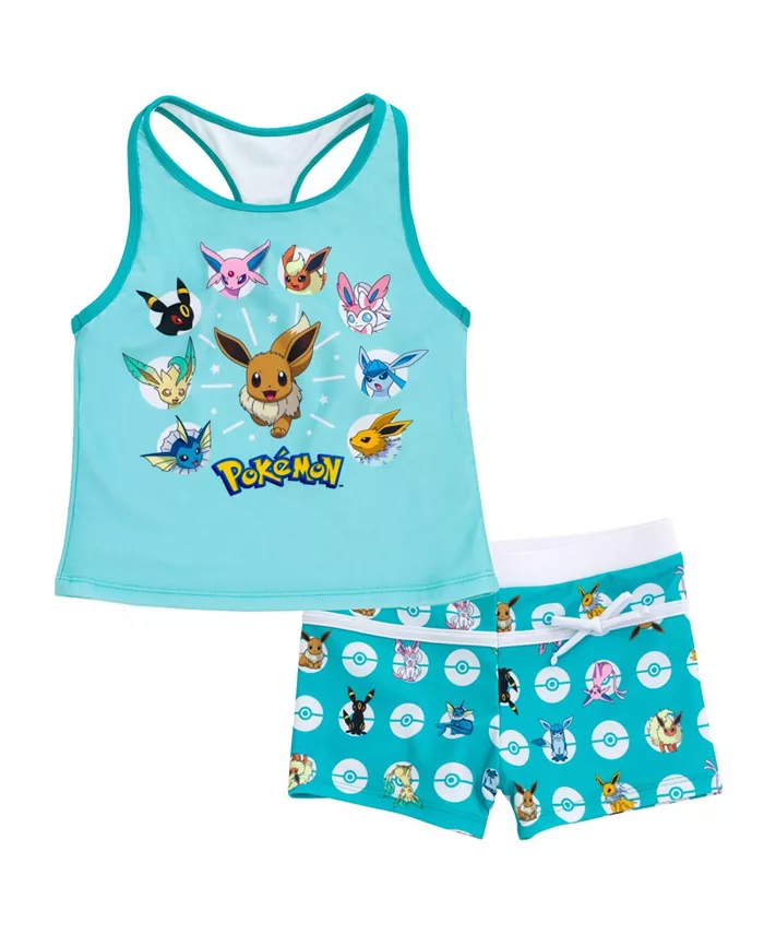 

Детский комплект для плавания: топ-танкини с UPF 50+ и шорты Eevee Pokemon, синий