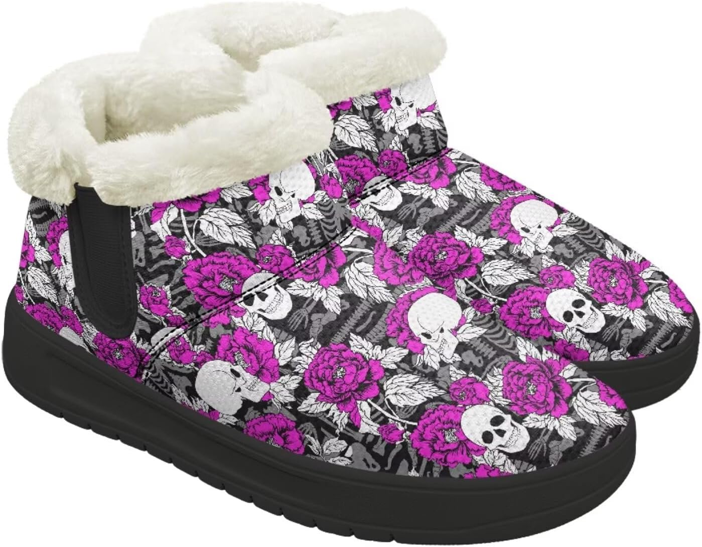 

Зимние ботинки Forchrinse для женщин и мужчин, с меховой подкладкой, уютные теплые ботильоны для прогулок, Skull Flower Printed