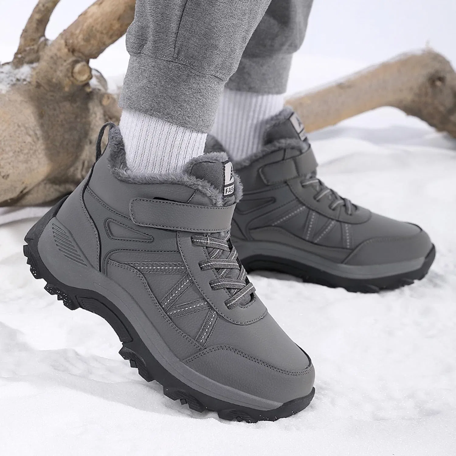 Мужские зимние ботинки Snow Boots - зимние ботинки на подкладке из плюша с бархатной вставкой, толстой подошвой, водонепроницаемые, с коротким голенищем, удобные зимние ботинки, нескользящая зимняя обувь для улицы 2025 года Qzeanxy, A01 Grau — фото 3