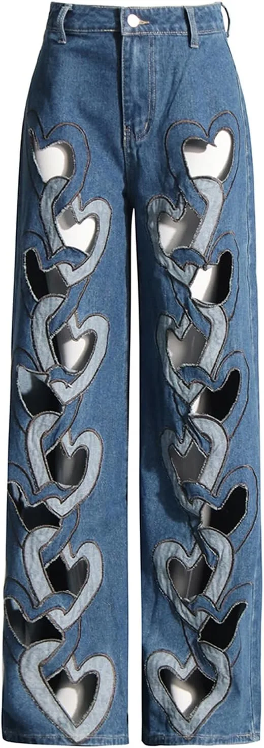 

Джинсы с вырезом в виде сердца для женщин, мешковатые, широкие, Y2K, высокая талия HGKPFGTF