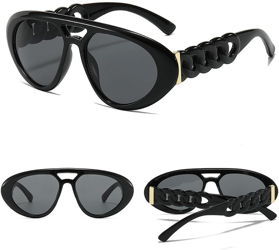 

Солнцезащитные очки с двойной перемычкой, овальной формы, яркие, с цепочкой на дужках, модные, с защитой от УФ-излучения, в стиле ретро, ​​универсальные MTZJH, Black Gray