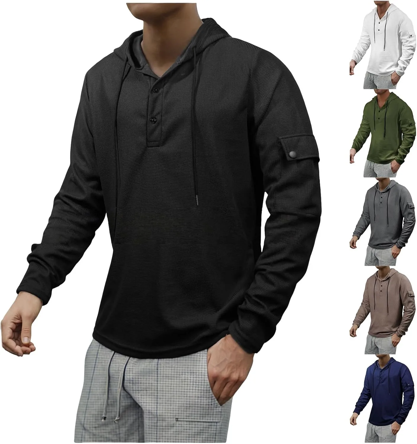 

Wankang мужская толстовка с вафельной фактурой, на четверть застегивается на пуговицы, с капюшоном и карманом