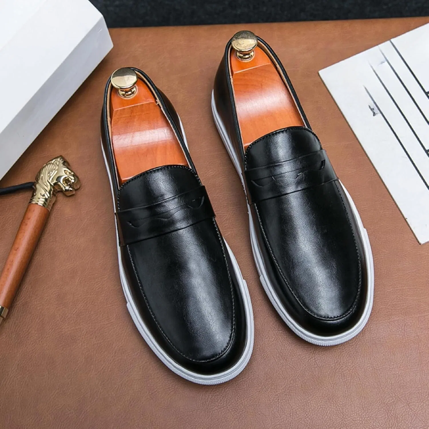 Лоферы кожаные Aimery Aimery Mens Leather Platform Slip-on Casual Loafers Retro Round Toe Comfort Penny Loafers Tuxedo Walking Driving Moccasin Shoes, Black — фото 2