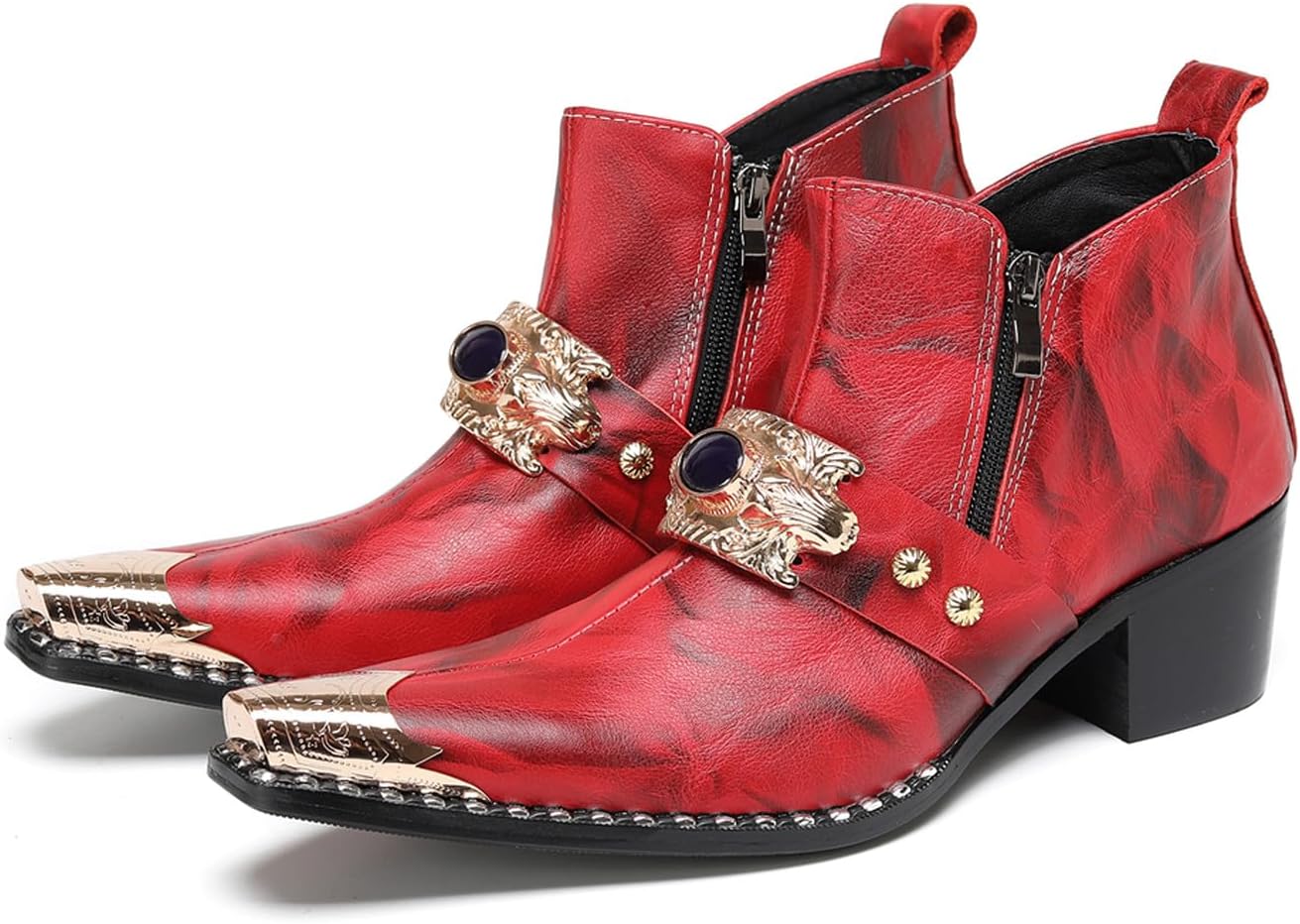 

Мужские повседневные западные ботинки Chelsea Santimon - настоящая кожа, ковбойские ботинки с черной каменной цепочкой и металлическим носком, двойная молния для модной вечеринки, диско-бара