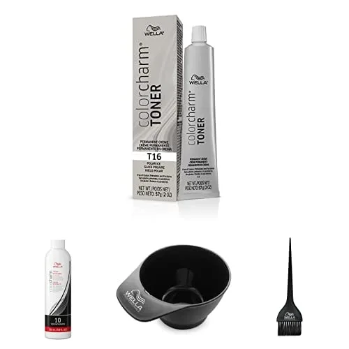 WELLA colorcharm Hair Dye & Coloring Kit, T16 Crème Toner + 10 Vol Cream Developer с кистью и миской для смешивания и нанесения, 4 предмета, gray