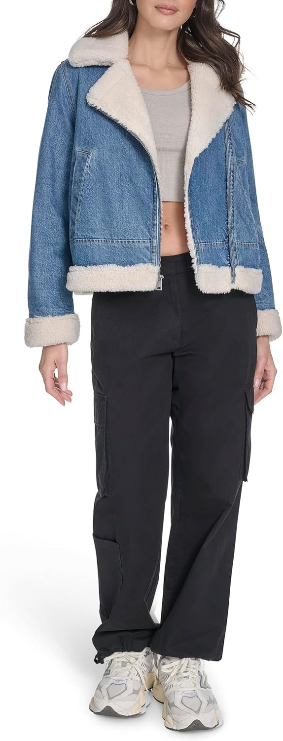 Женская джинсовая байкерская куртка Levi's с подкладкой из шерпы, Medium Wash Denim — фото 2
