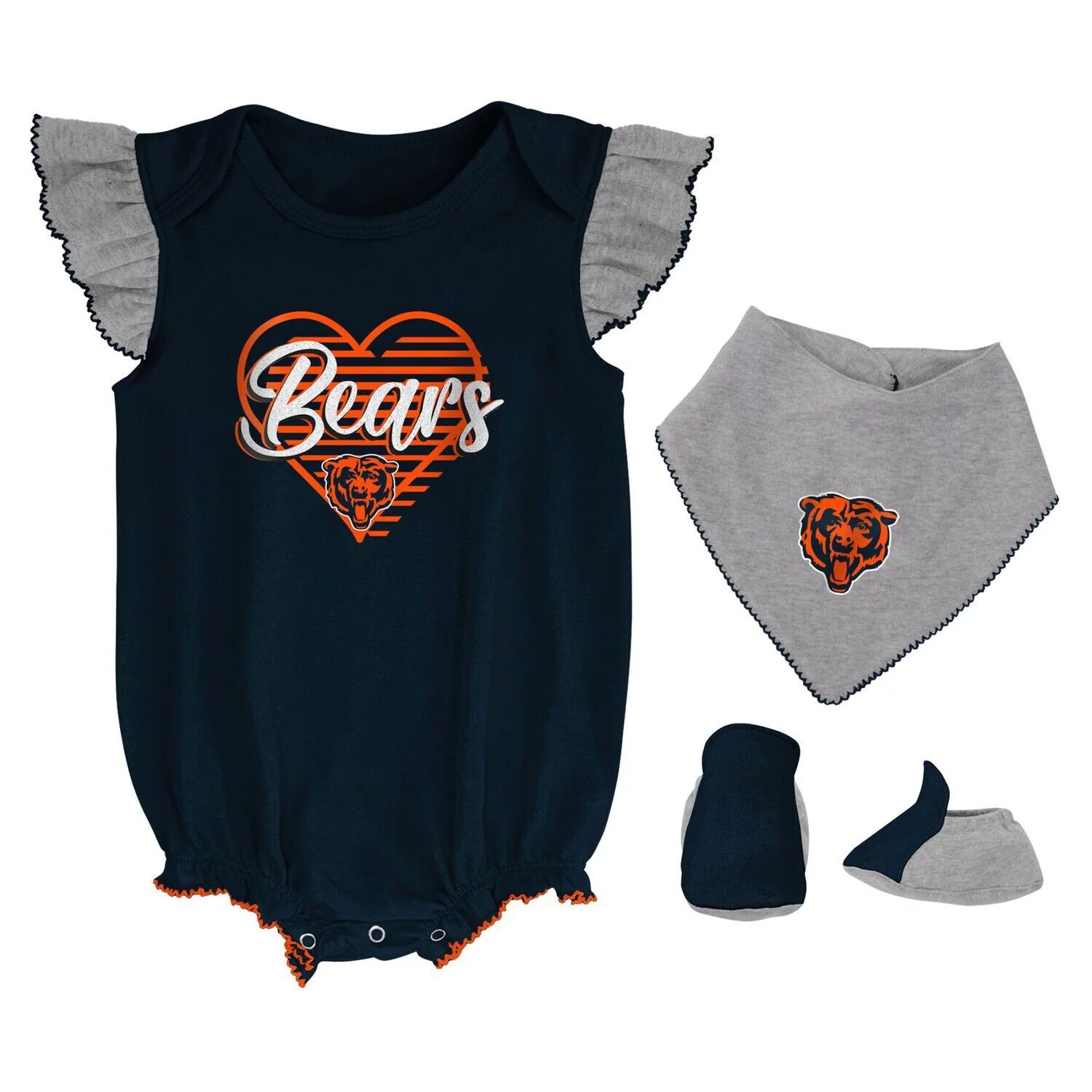 

Для новорожденных и младенцев темно-синий/серый с принтом Chicago Bears All The Love, боди, нагрудник и пинетки Outerstuff