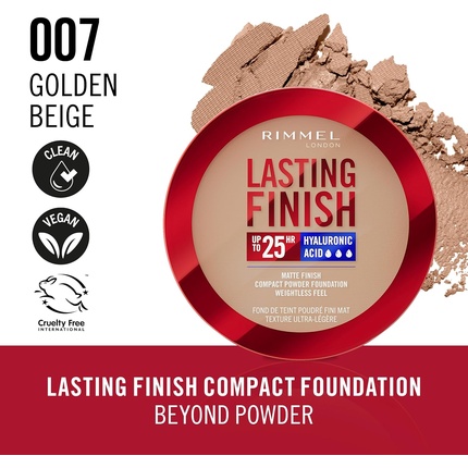 Устойчивая основа 25 HR Compact Foundation 007 золотисто-бежевый матовый с возможностью наращивания покрытия, пудра-крем, защита от загрязнений, SPF 20, гиалуроновая кислота, водостойкая, скрывает недостатки Rimmel — фото 2