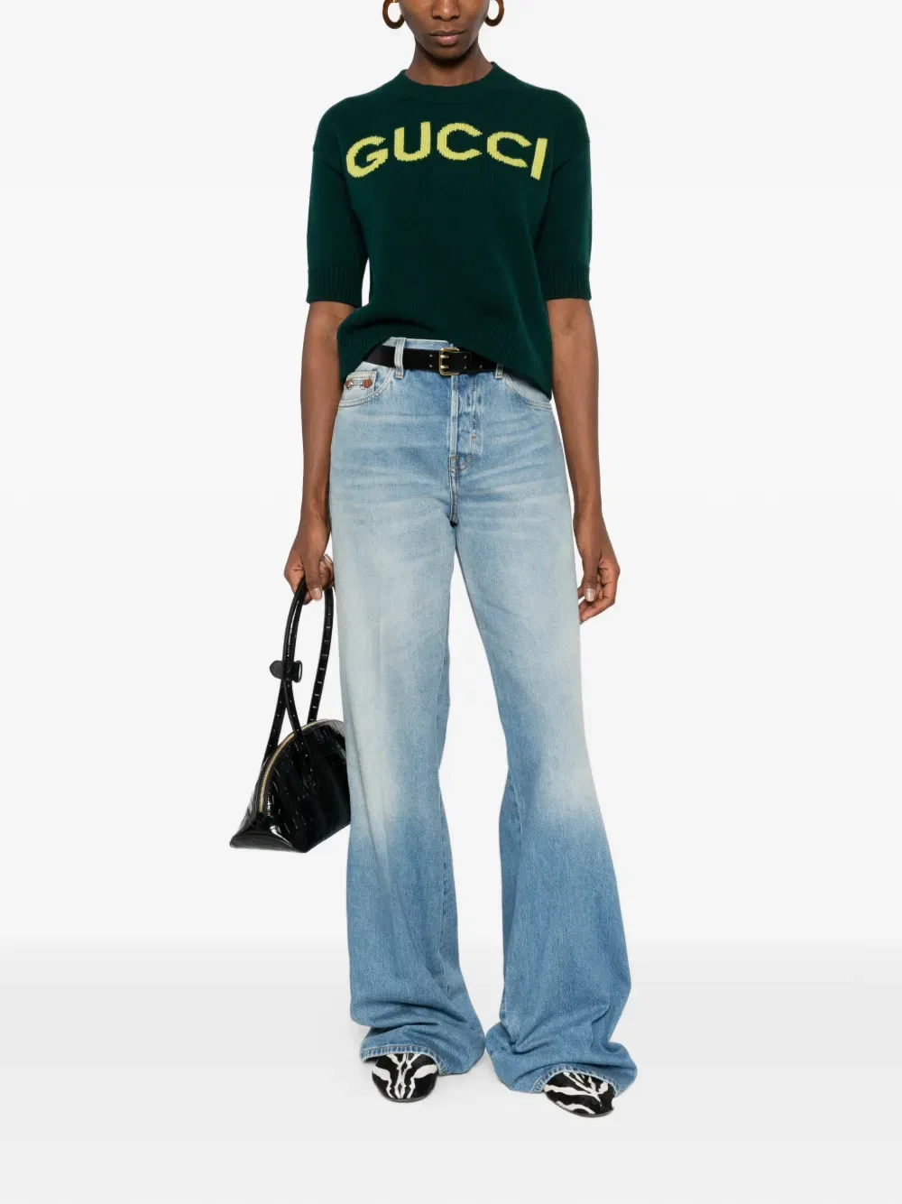 Джинсы Gucci Расклешенные, с пряжкой в виде конской уздечки, светло-голубой — фото 2