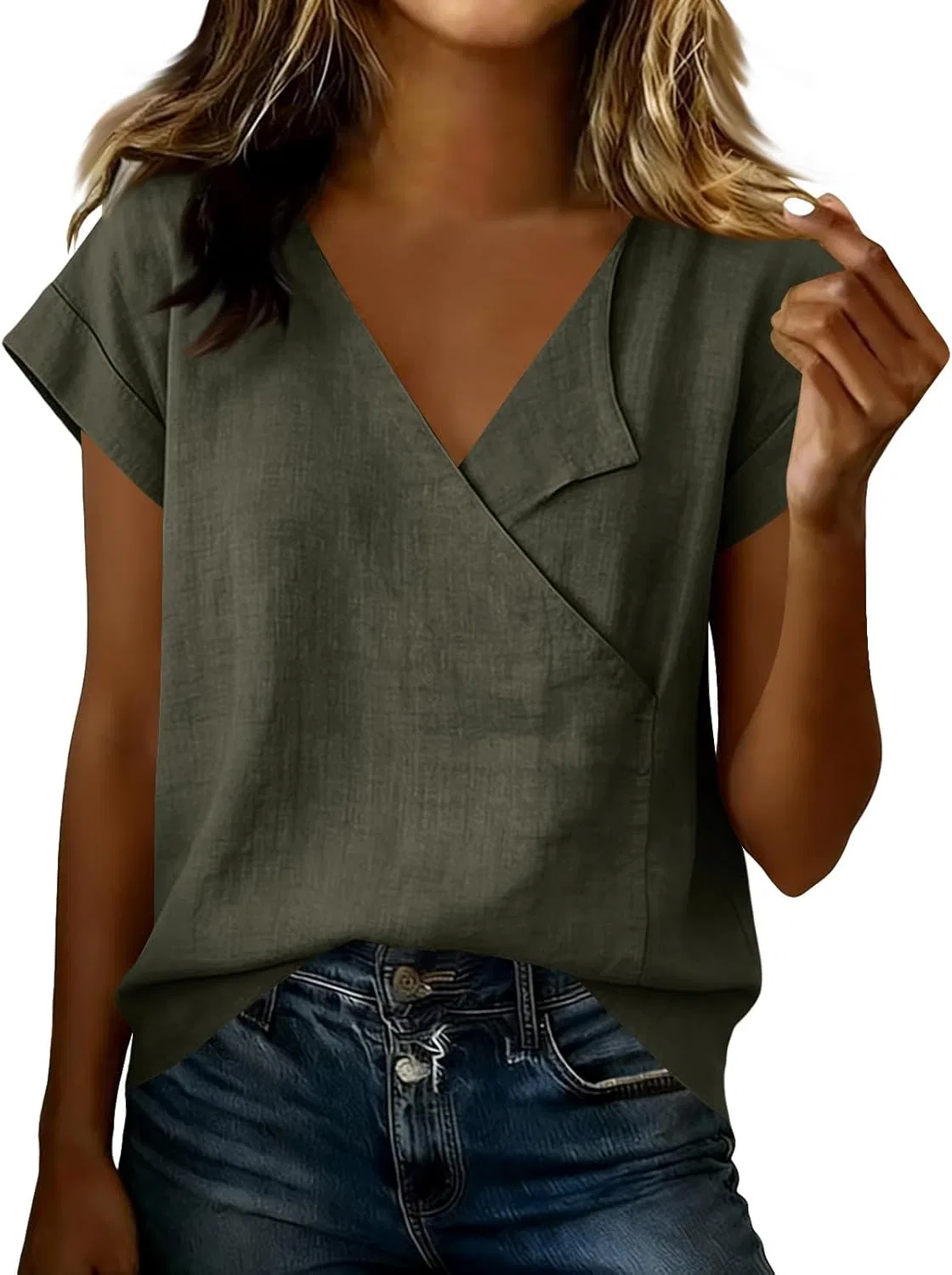 Блуза Wrap V Neck из хлопка и льна, свободный крой, оливково-зеленый