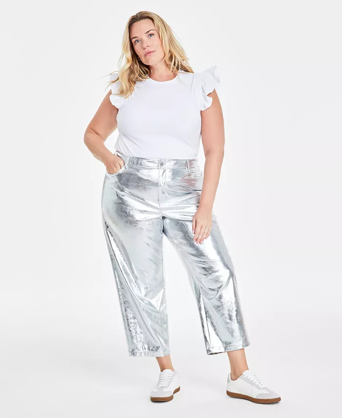 

Укороченные брюки прямого кроя Trendy Plus с эффектом металлик On 34th, серебряный