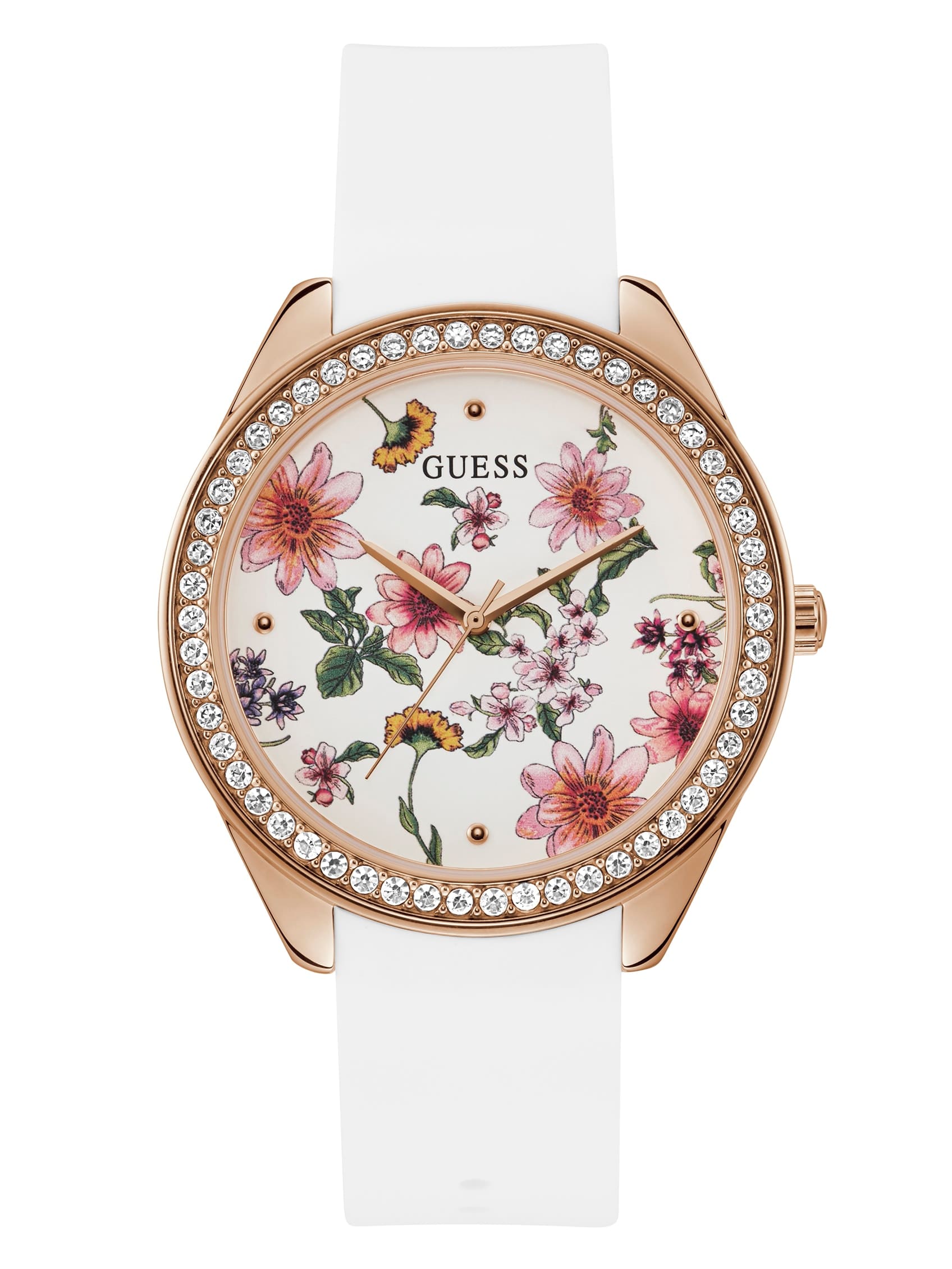 

Аналоговые часы с цветочным узором и стразами Guess Factory, розовый