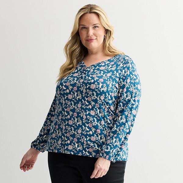 

Блузка-хенли со сборками Plus size Croft & Barrow, Blue Pink Vine Floral