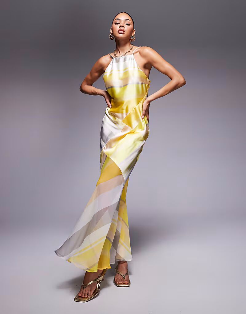 

Платье макси из атласа с шифоновой юбкой и вставками в желтую полоску Asos Design