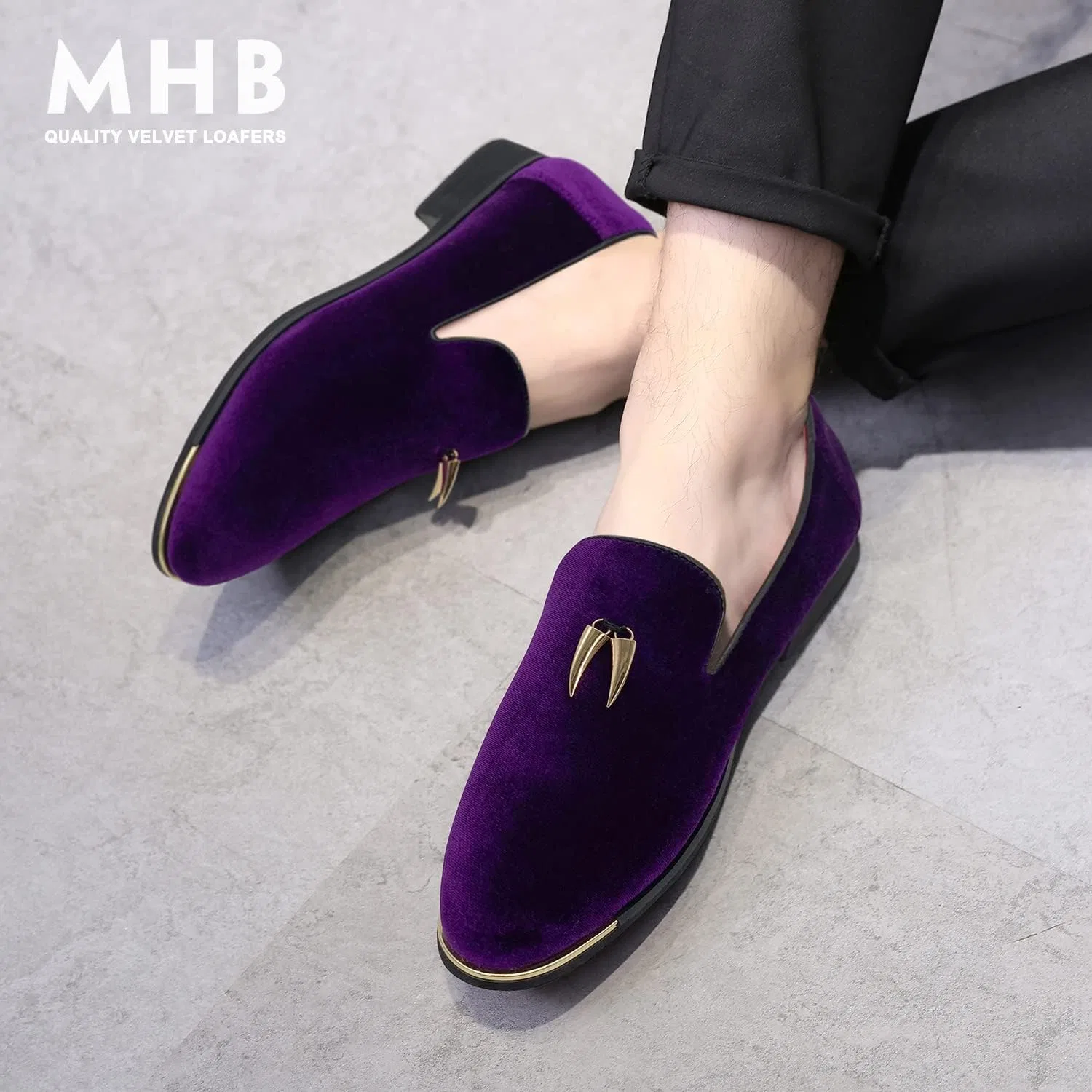 Мужские бархатные туфли-смокинги MHB без шнуровки в цвете-мюле, Purple — фото 2