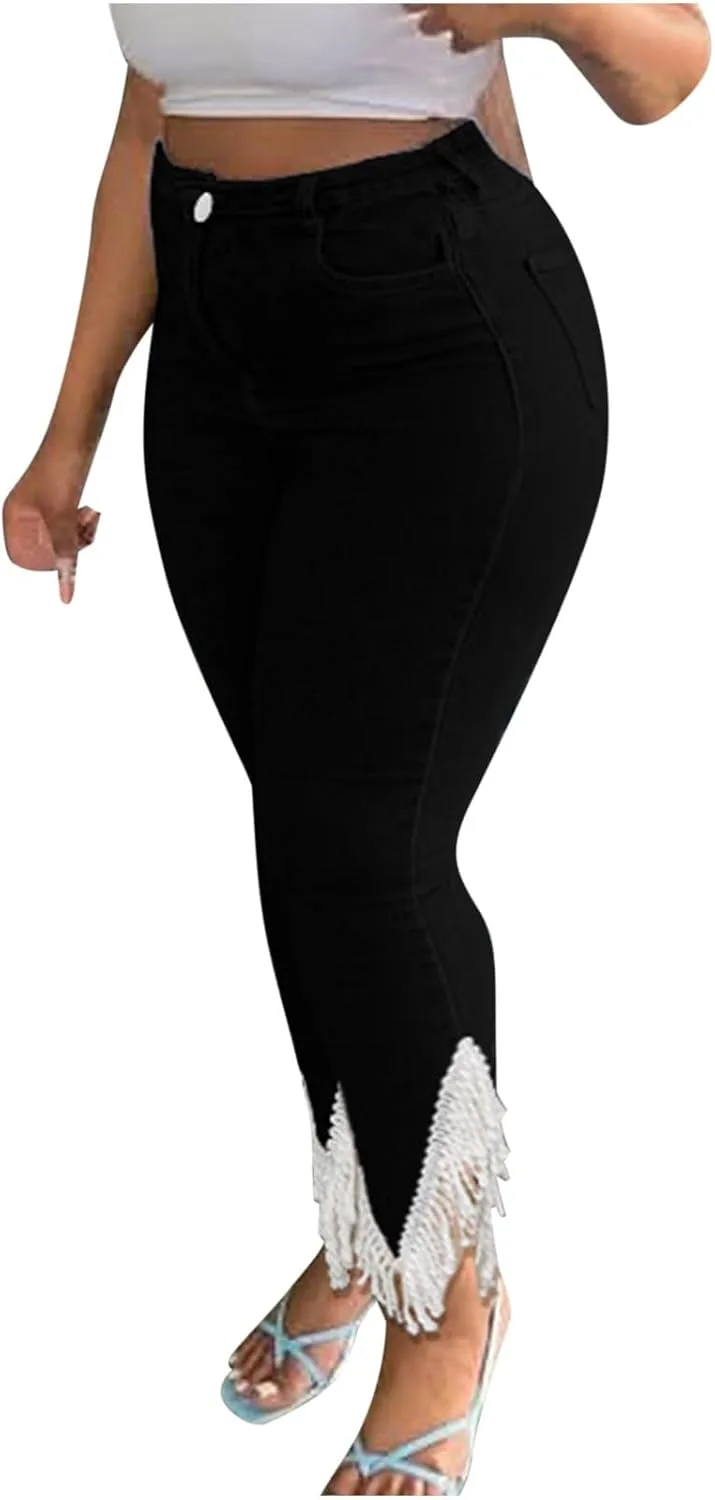 

Uillui джинсы с бахромой для женщин, с кисточками, зауженные, высокий пояс