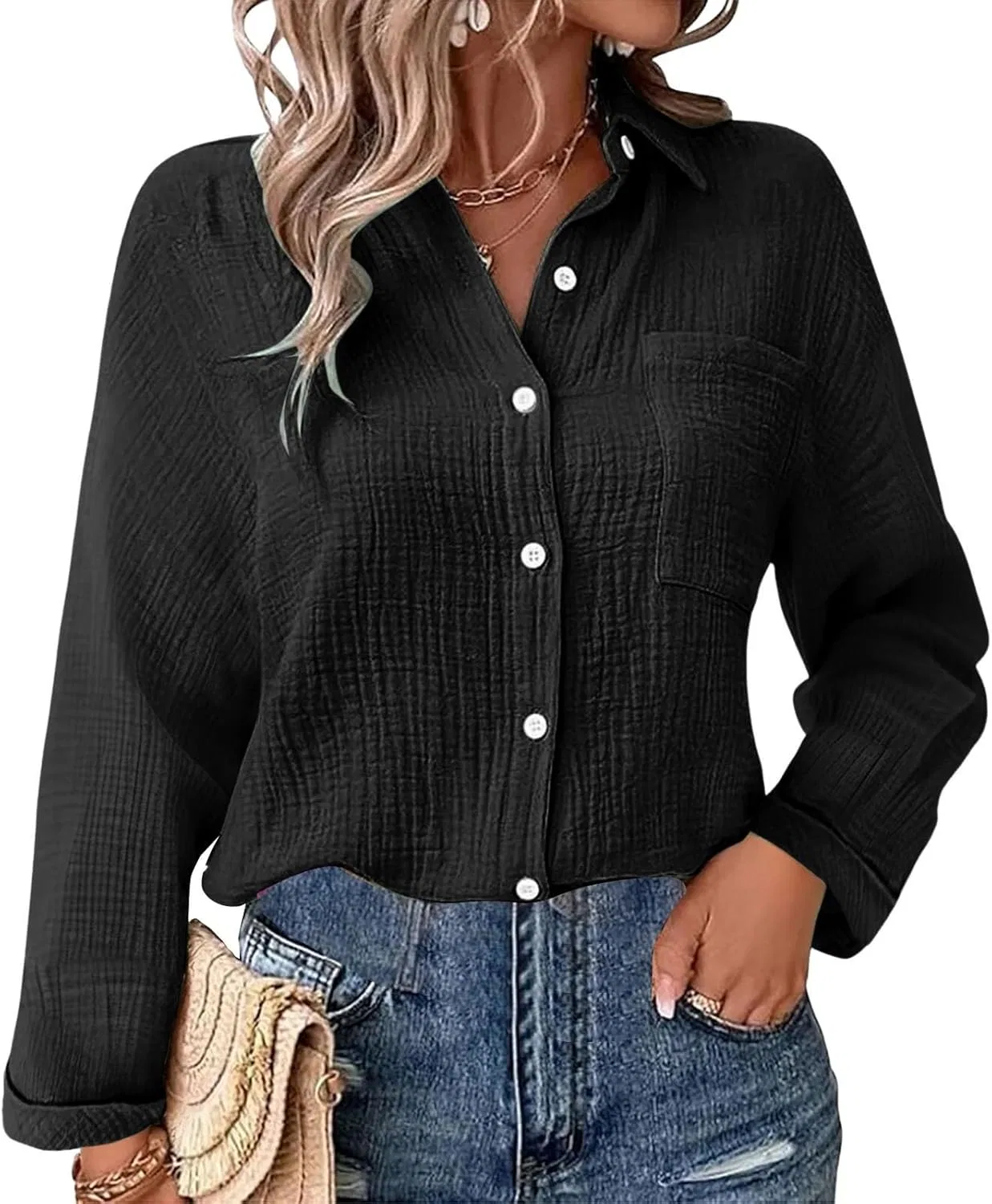 Блуза женская, из льна, плиссированная, с поясом, свободная, Casual, длинный рукав, черный — фото 4