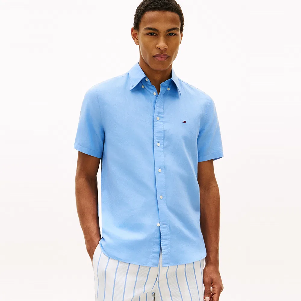 Мужская однотонная рубашка Regular Fit из смесового льна, синяя, от Tommy Hilfiger