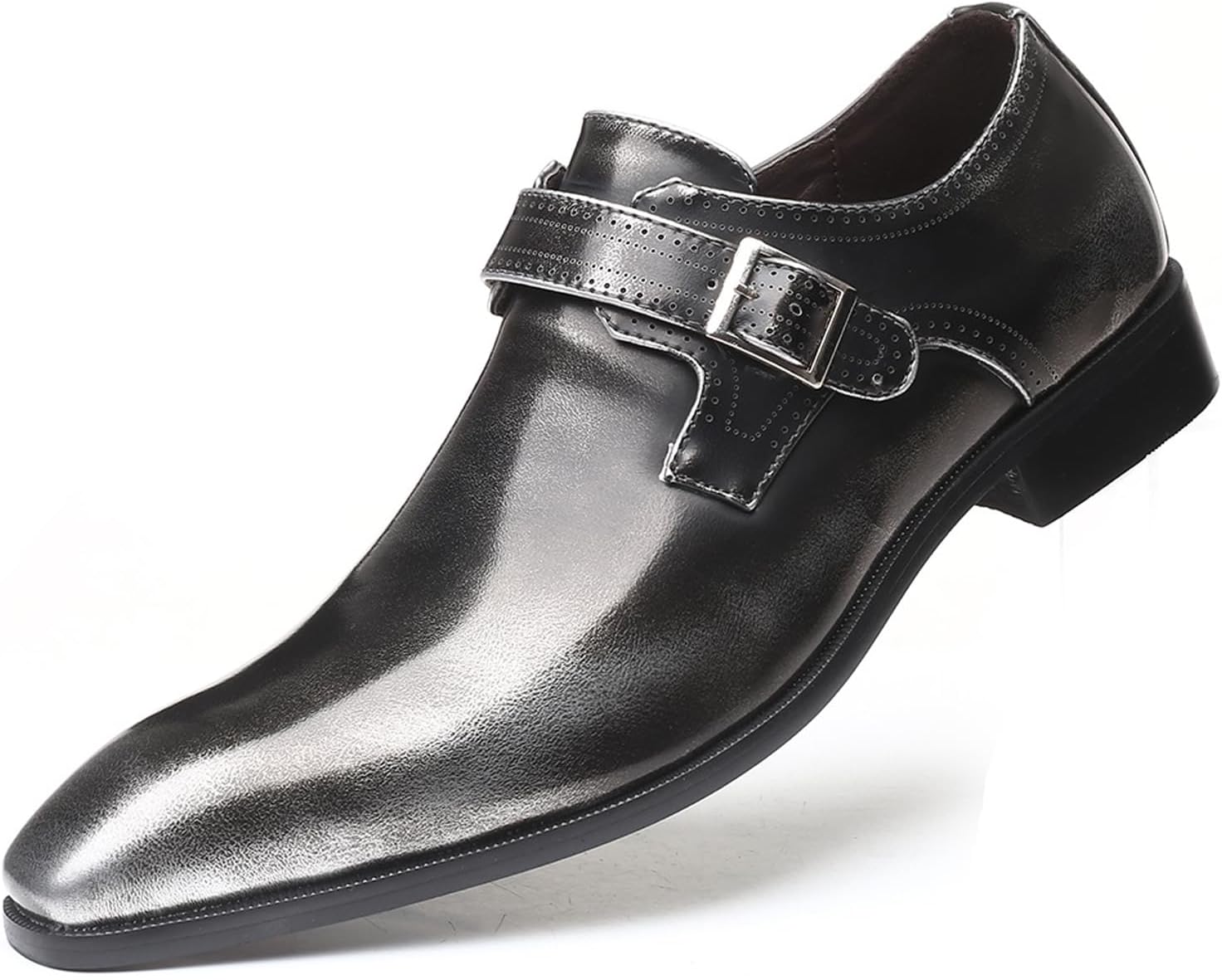 

Мужские кожаные лоферы с потертым эффектом, массивным каблуком, формальными носками, ретро, с заостренным носком, металлической пряжкой-монком, противоскользящие, для бизнеса, свадеб и официальных мероприятий Fifilapin, серебро