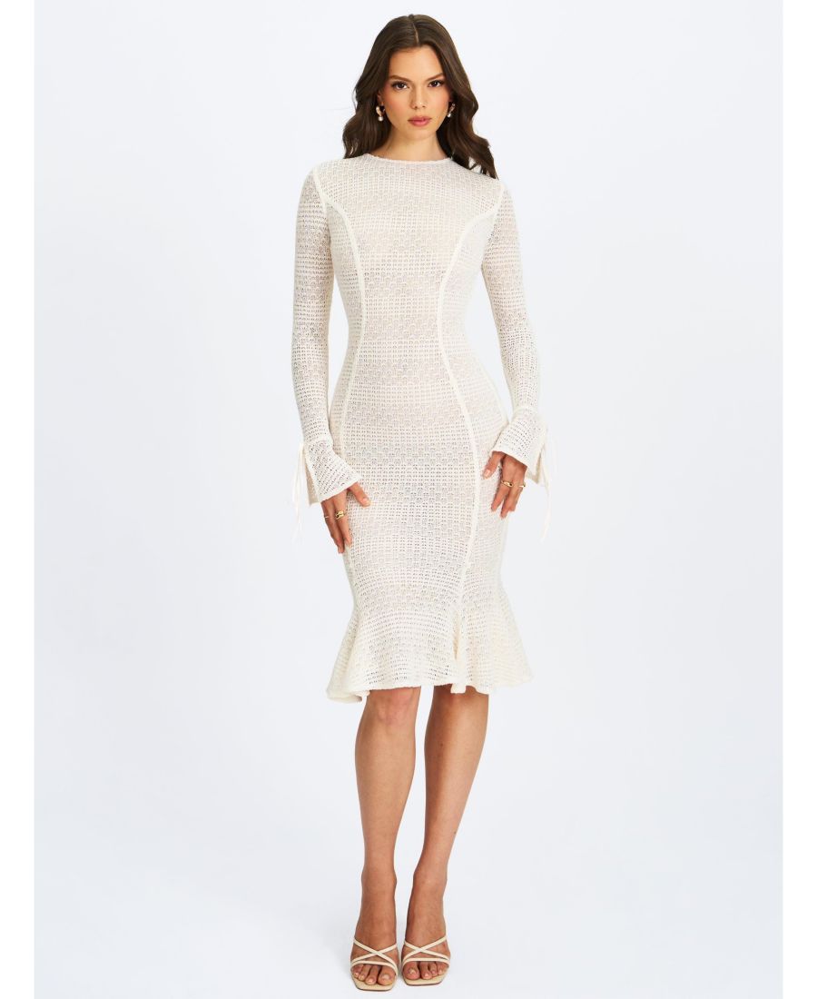 

Женское бежевое вязаное крючком платье Pamina с длинными рукавами, расклешенной юбкой и силуэтом русалка Miss Circle, Light beige