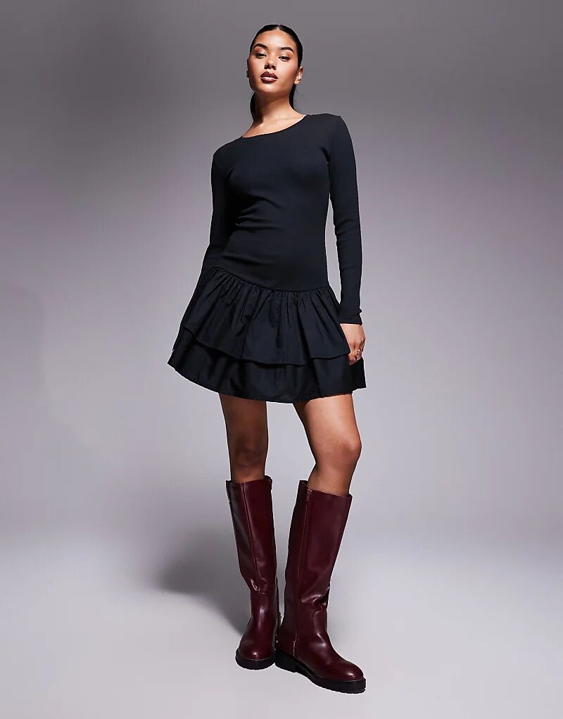 

Мини-платье ASOS DESIGN в рубчик с тканой юбкой черного цвета