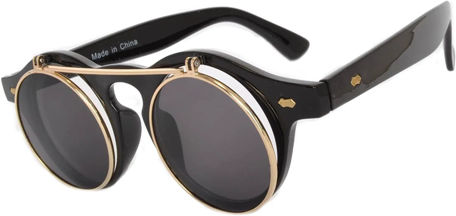 

Солнцезащитные очки OWL в стиле стимпанк, винтаж, ретро, ​​круглые, готические, хиппи, с цветной пластиковой оправой и цветными линзами, Flipup / Gold Smoke