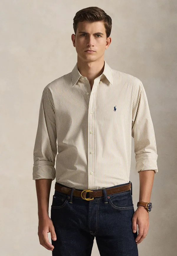Рубашка из полосатого эластичного поплина, сшитая на заказ. Polo Ralph Lauren, Coastal Beige/White