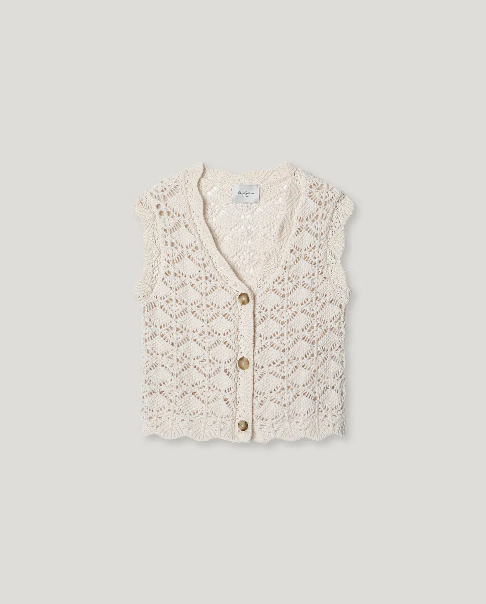 

Вязаный жилет для девочки с ажурными деталями Pepe Jeans, цвет Crema