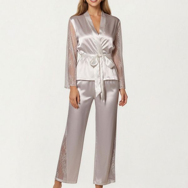 

Женский комплект пижамы из сатина с кружевными рукавами и поясом-галстуком Anna-Kaci, White