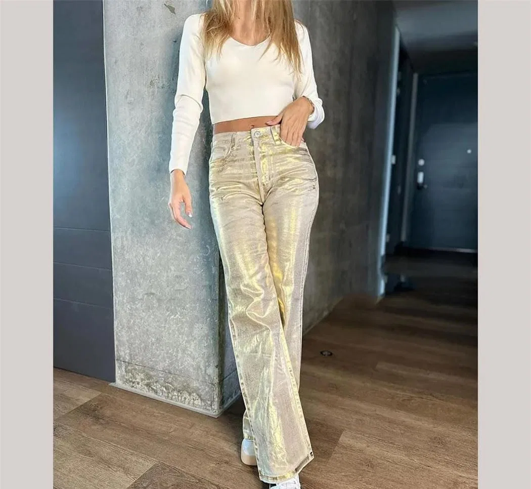 Джинсы металлик Gold, Women High Waist Loose Wide Leg — фото 3