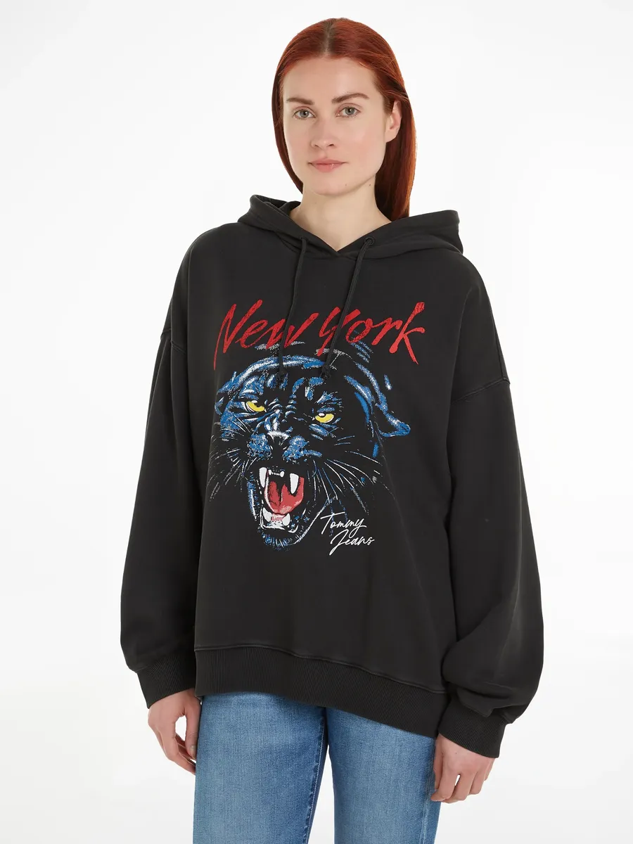 

Толстовка Tommy Jeans с капюшоном "TJW OVS PANTHER HOODIE", с принтом спереди, черный