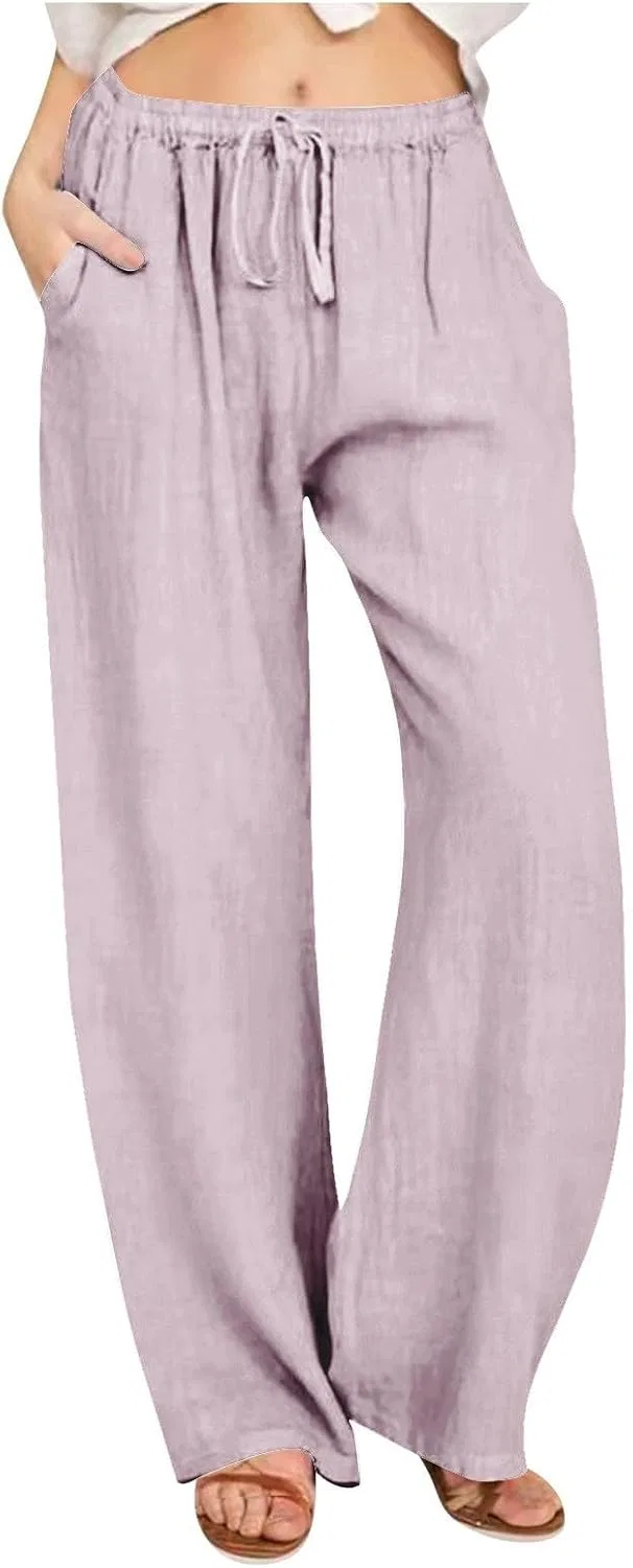 Женские широкие брюки из хлопка и льна, с завязкой и карманами, Purple