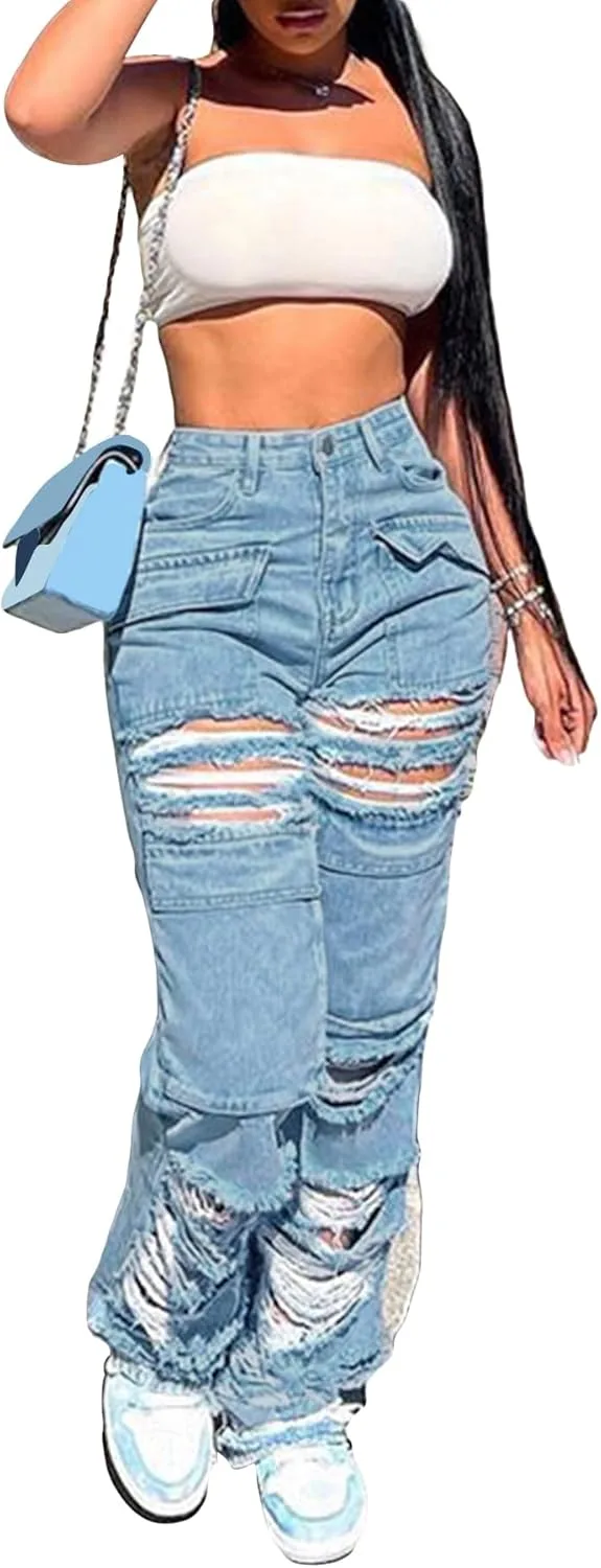 

Женские джинсы с высокой талией и прямыми штанинами Ripped Y2K Cargo Baggy Distressed Cutout Lucuna