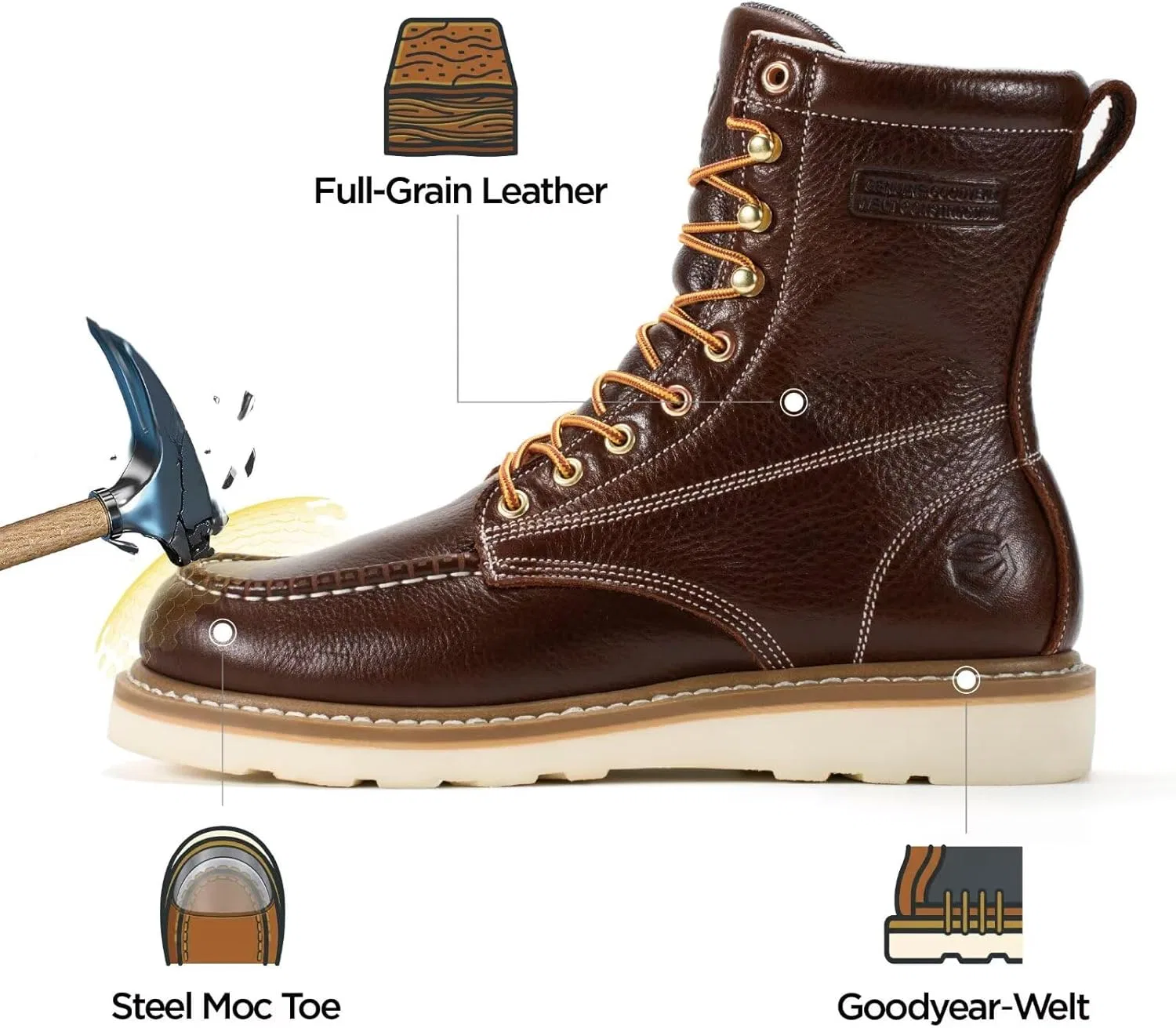 Рабочие ботинки SUREWAY GoodyearWelt 8 дюймов, мужские, с мягким носком, из высококачественной натуральной кожи, защитные рабочие ботинки, удобная стелька, маслоотталкивающее покрытие, Steel Toe Cap Dk Bn — фото 4