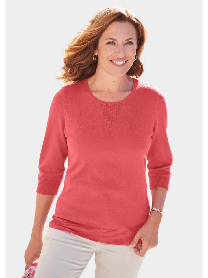 

Короткий размер: летний вязаный свитер с круглым вырезом, ажурный узор кораллового цвета. GOLDNER