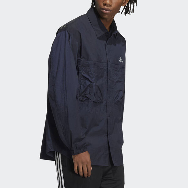 Рубашка Men's adidas Prsve J Solid Color Sports Cargo Long Sleeves Ink Blue Shirt, синий — фото 4