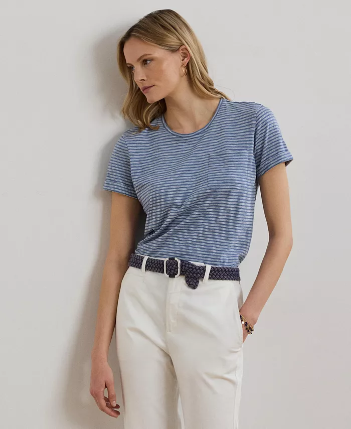 

Женская полосатая хлопковая футболка Slub Jersey с карманом Lauren Ralph Lauren, синий