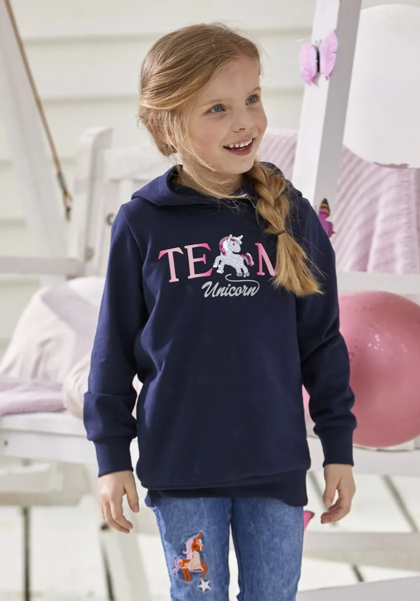 

KIDSWORLD длинная толстовка "Team UNICORN", с капюшоном, цвет морской волны