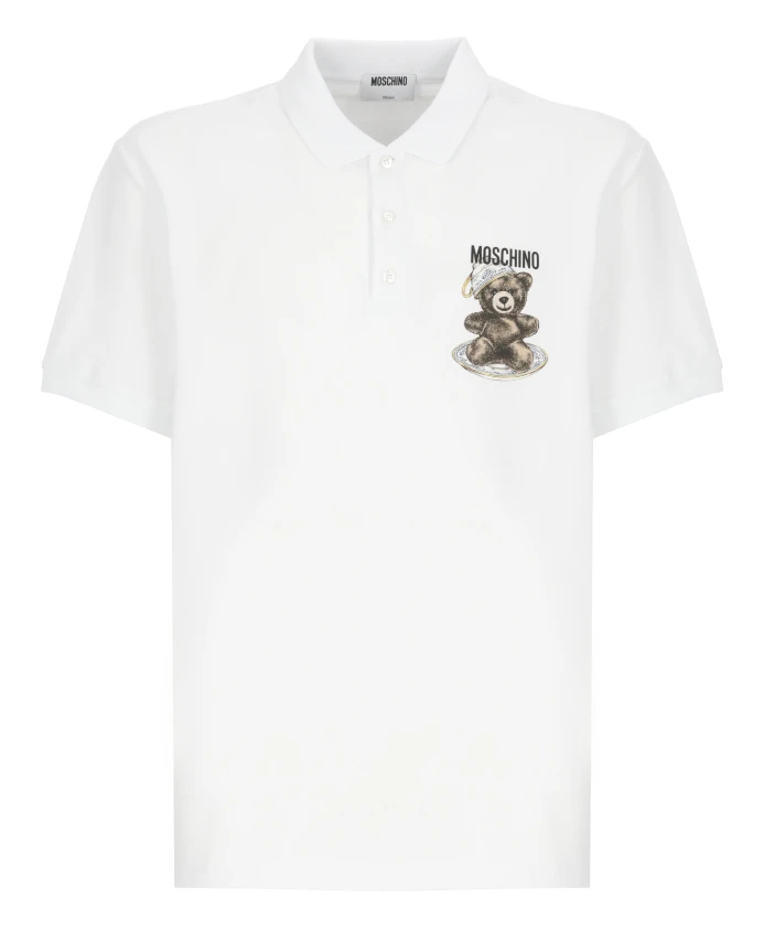 

Белая рубашка-поло с принтом в виде плюшевого мишки. Moschino, белый