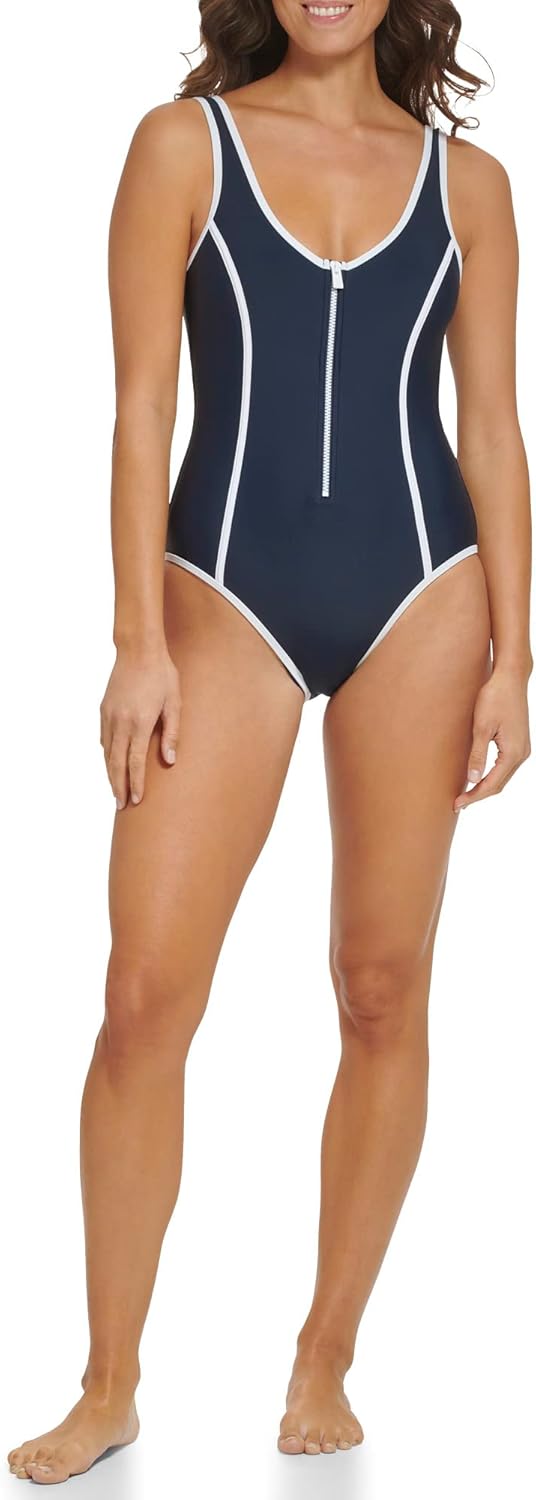 

Женский слитный купальник Tommy Hilfiger с застежкой-молнией на плечо, Navy/White