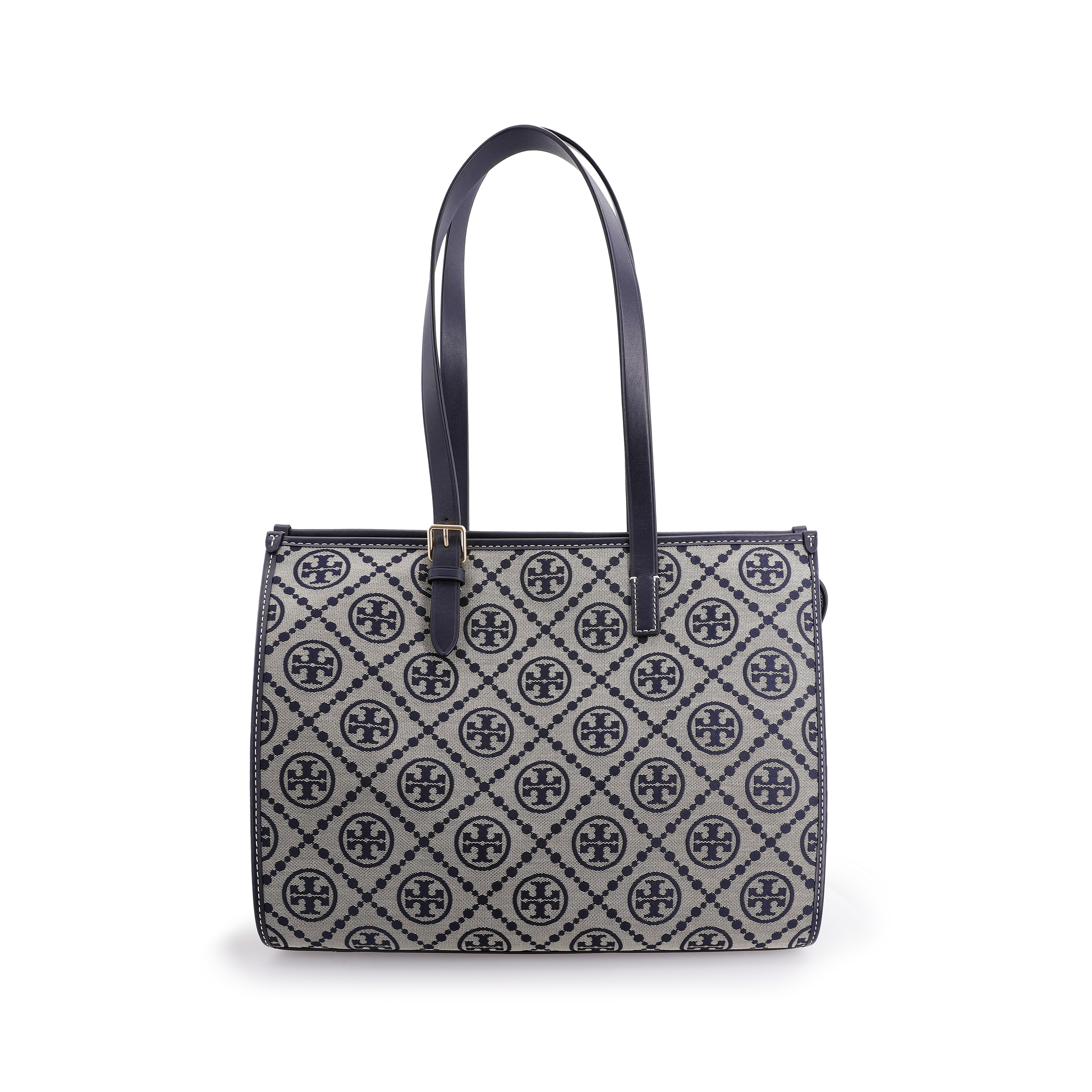 

TORY BURCH Сумка-шоппер из жаккардовой ткани с монограммой T и кожаной отделкой, сумка-шоппер, сумка через плечо, женская, темно-синяя