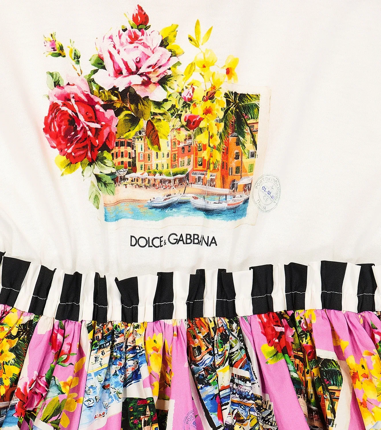 Платье хлопковое с принтом Portofino Cartoline Dolce&Gabbana Kids, белый — фото 3