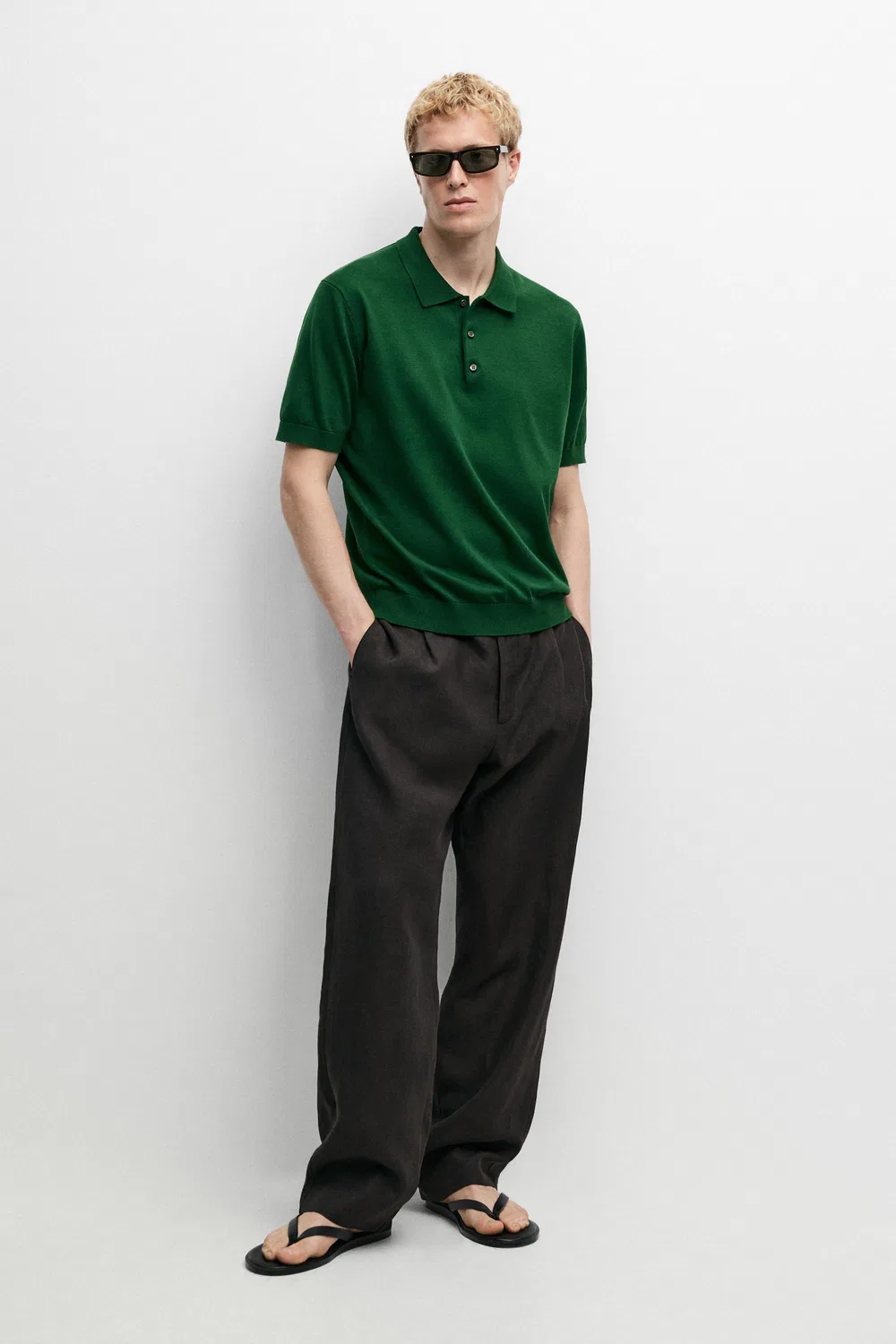 Поло Massimo Dutti 100% Cotton Knit, мохово-зеленый — фото 3